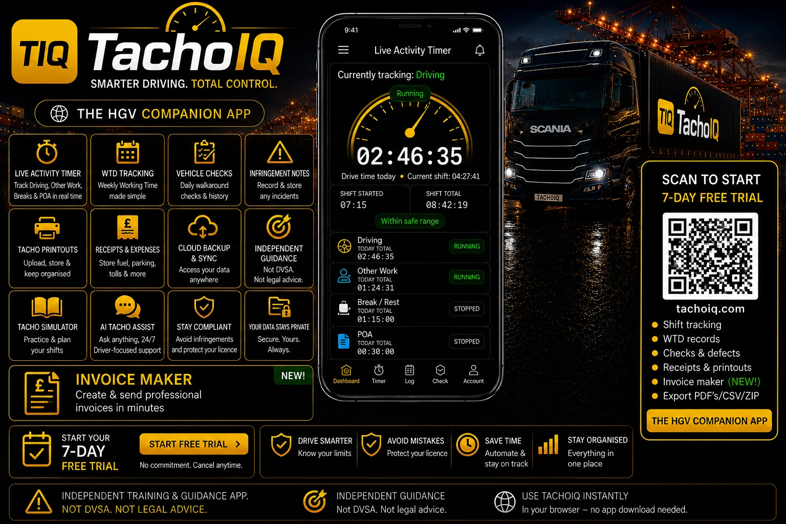 TachoIQ — all-in-one HGV driver companion: live timer, WTD, vehicle checks, defects, printouts, receipts and AI guidance